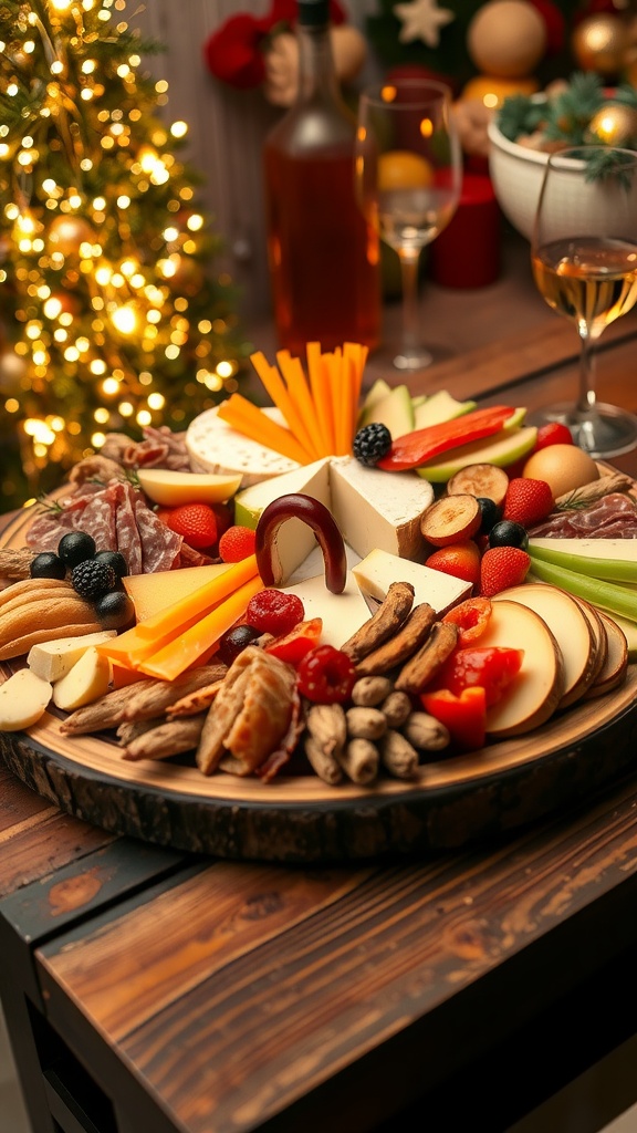 An elegant appetizer platter featuring cheeses, meats, fruits, and vegetables for a New Year